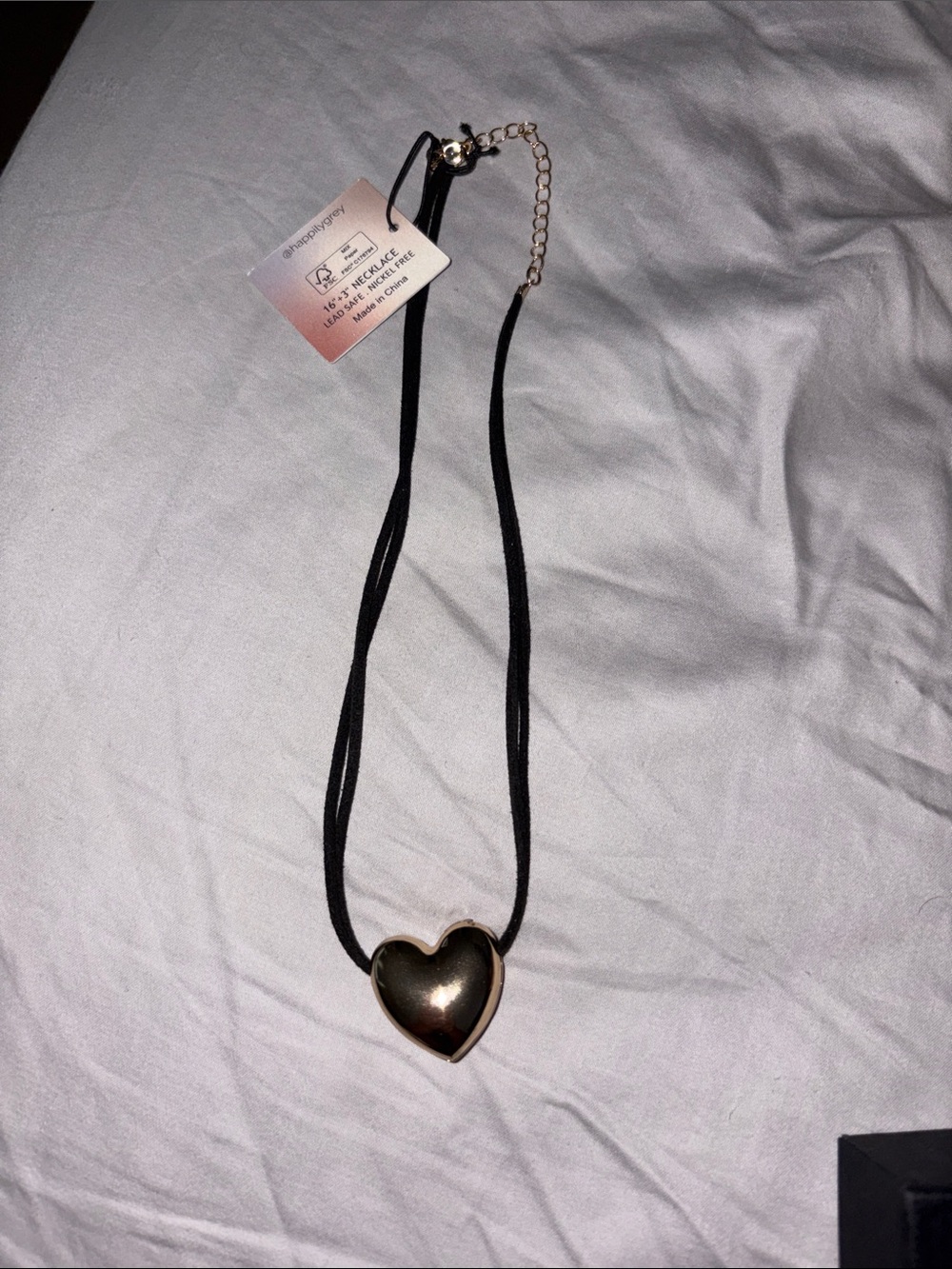 Gold Heart Pendant on Black Cord Necklace - Women Jewelry
